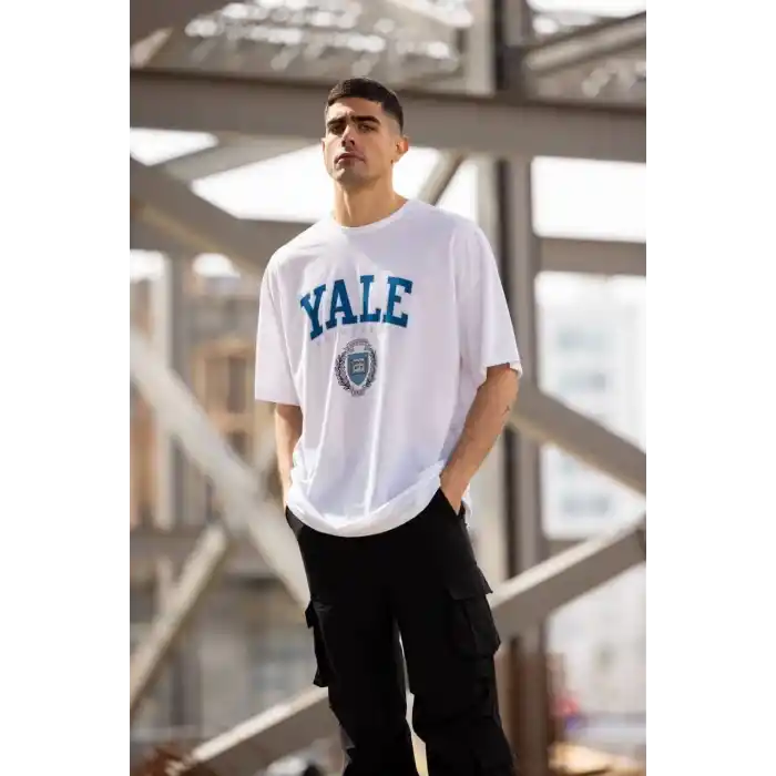 Unisex Bisiklet Yaka Baskılı Oversize T-Shirt - Beyaz