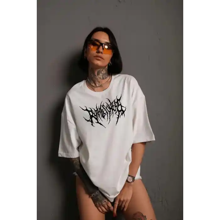 Unisex Bisiklet Yaka Baskılı Oversize T-Shirt - Beyaz