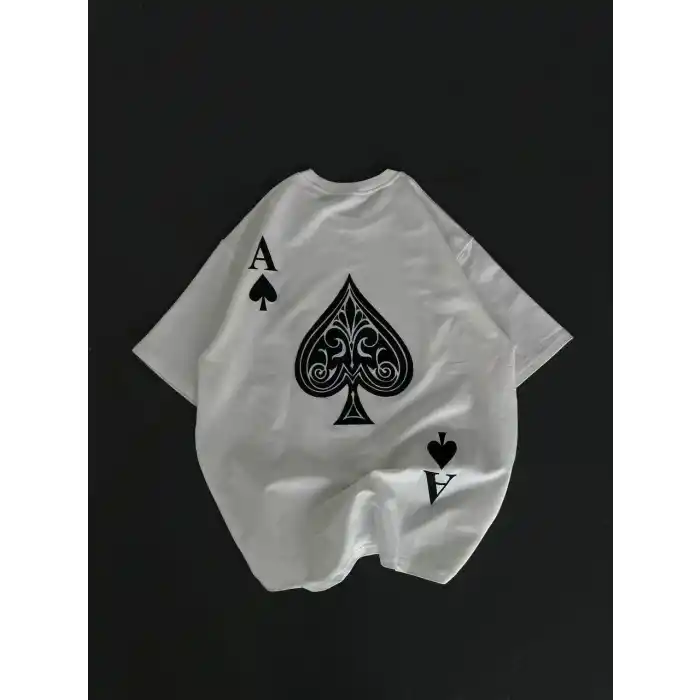 Unisex Bisiklet Yaka Baskılı Oversize T-Shirt - Beyaz