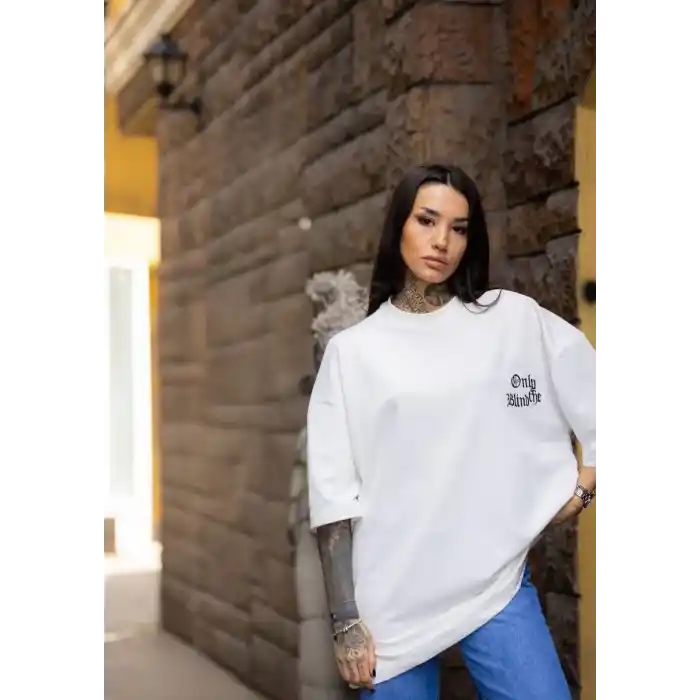 Unisex Bisiklet Yaka Baskılı Oversize T-Shirt - Beyaz