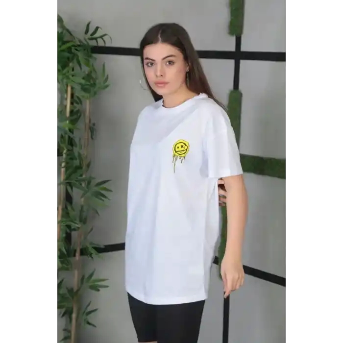 Unisex Bisiklet Yaka Baskılı Oversize T-Shirt - Beyaz
