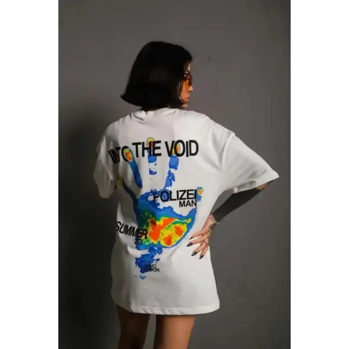 Unisex Bisiklet Yaka Baskılı Oversize T-Shirt - Beyaz