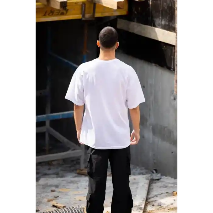 Unisex Bisiklet Yaka Baskılı Oversize T-Shirt - Beyaz