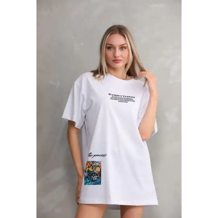 Unisex Bisiklet Yaka Baskılı Oversize T-Shirt - Beyaz