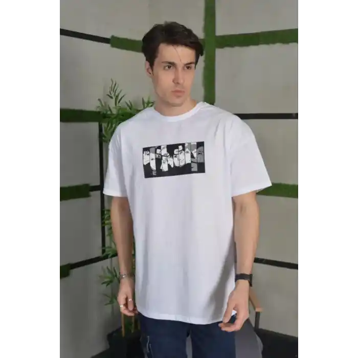 Unisex Bisiklet Yaka Baskılı Oversize T-Shirt - Beyaz