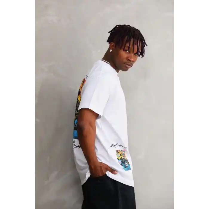 Unisex Bisiklet Yaka Baskılı Oversize T-Shirt - Beyaz