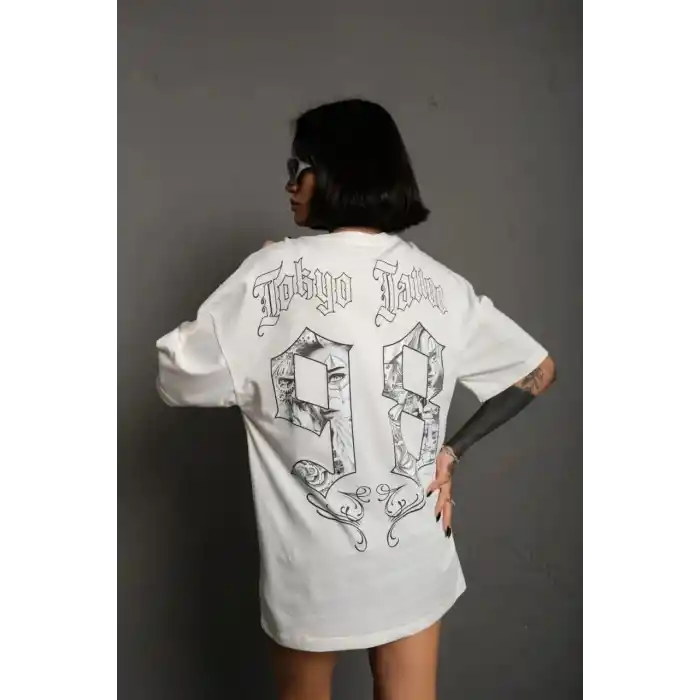 Unisex Bisiklet Yaka Baskılı Oversize T-Shirt - Beyaz