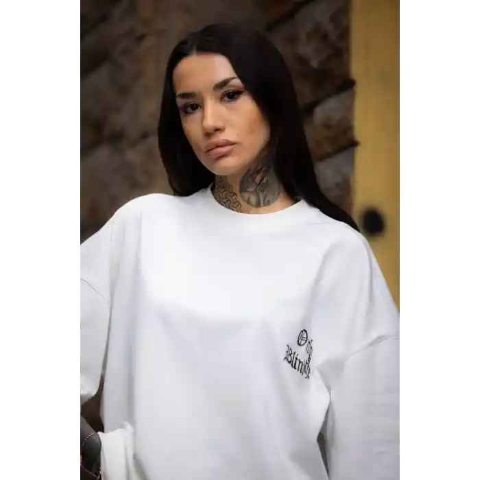 Unisex Bisiklet Yaka Baskılı Oversize T-Shirt - Beyaz