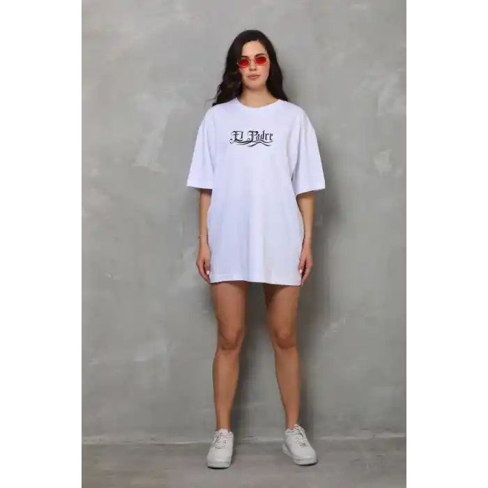 Unisex Bisiklet Yaka Baskılı Oversize T-Shirt - Beyaz