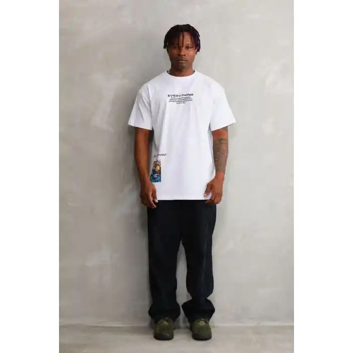 Unisex Bisiklet Yaka Baskılı Oversize T-Shirt - Beyaz