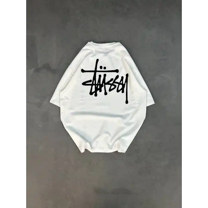 Unisex Bisiklet Yaka Baskılı Oversize T-Shirt - Beyaz