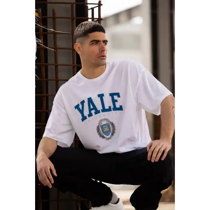 Unisex Bisiklet Yaka Baskılı Oversize T-Shirt - Beyaz