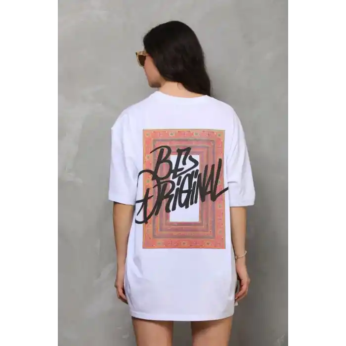 Unisex Bisiklet Yaka Baskılı Oversize T-Shirt - Beyaz
