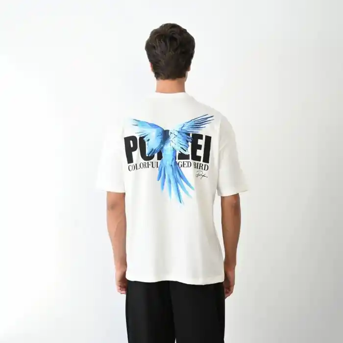 Unisex Bisiklet Yaka Baskılı Oversize T-Shirt - Beyaz