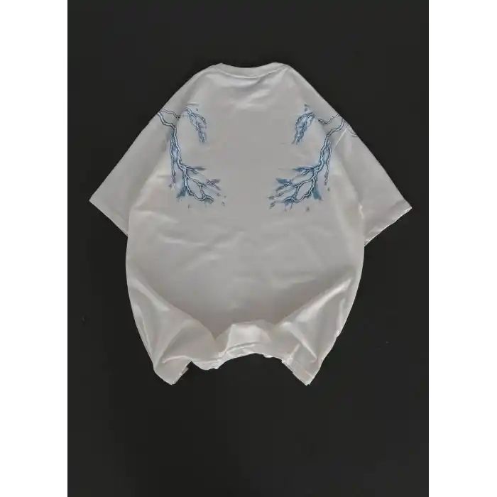 Unisex Bisiklet Yaka Baskılı Oversize T-Shirt - Beyaz