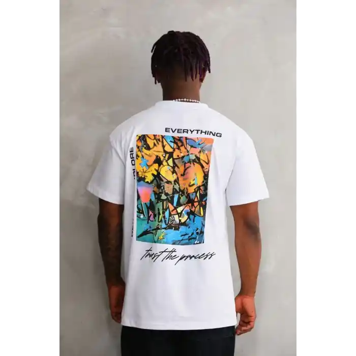 Unisex Bisiklet Yaka Baskılı Oversize T-Shirt - Beyaz