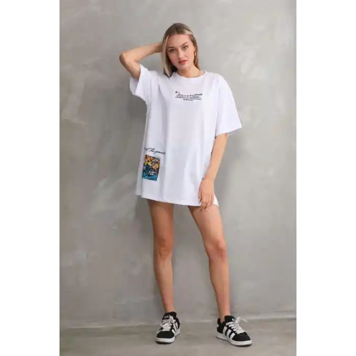 Unisex Bisiklet Yaka Baskılı Oversize T-Shirt - Beyaz