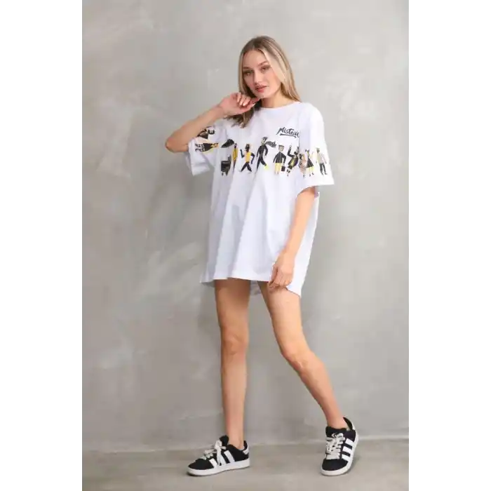 Unisex Bisiklet Yaka Baskılı Oversize T-Shirt - Beyaz