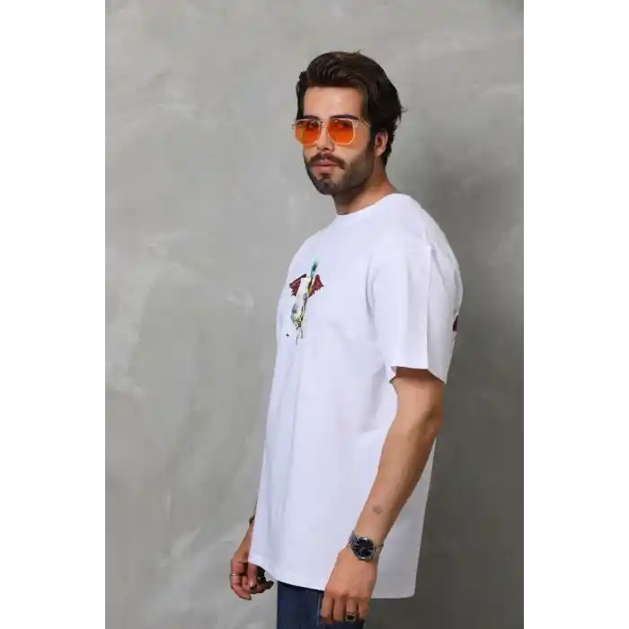 Unisex Bisiklet Yaka Baskılı Oversize T-Shirt - Beyaz