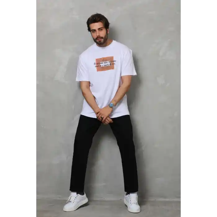 Unisex Bisiklet Yaka Baskılı Oversize T-Shirt - Beyaz