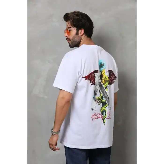 Unisex Bisiklet Yaka Baskılı Oversize T-Shirt - Beyaz