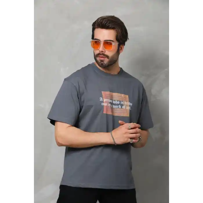 Unisex Bisiklet Yaka Baskılı Oversize T-Shirt - Füme