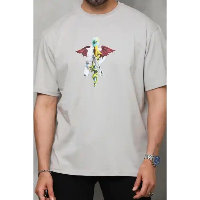 Unisex Bisiklet Yaka Baskılı Oversize T-Shirt - Gri