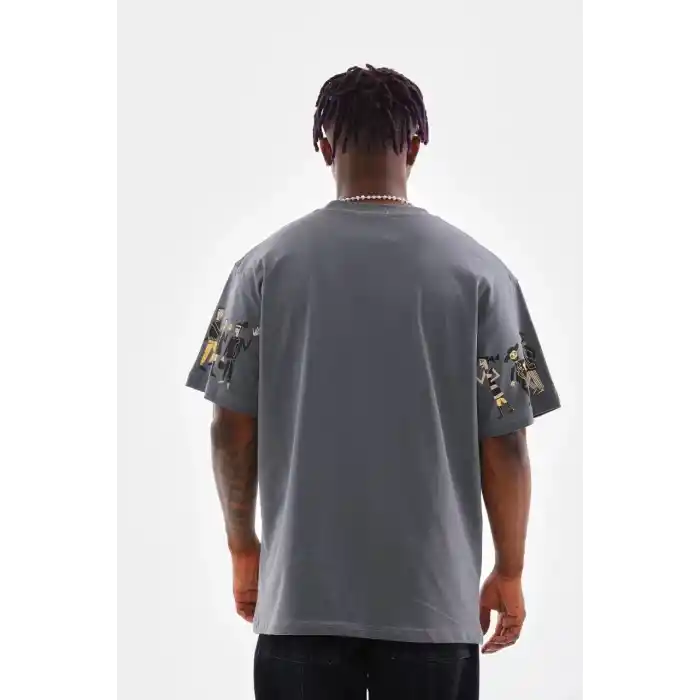 Unisex Bisiklet Yaka Baskılı Oversize T-Shirt - Gri