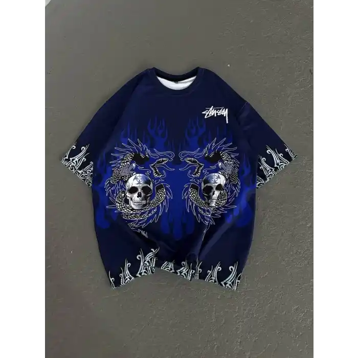 Unisex Bisiklet Yaka Baskılı Oversize T-Shirt - Lacivert