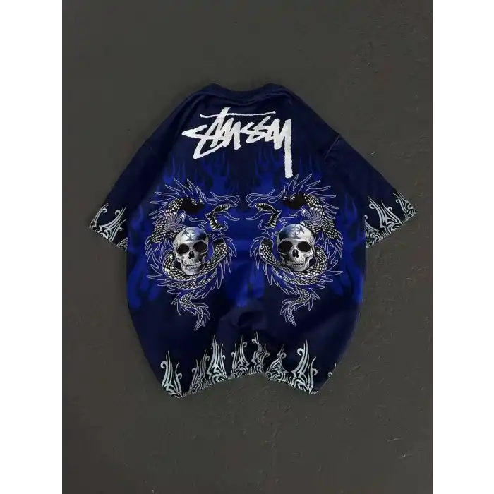 Unisex Bisiklet Yaka Baskılı Oversize T-Shirt - Lacivert