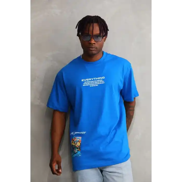Unisex Bisiklet Yaka Baskılı Oversize T-Shirt - Mavi