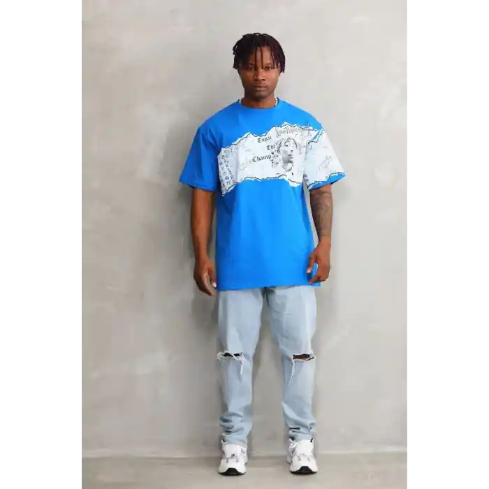 Unisex Bisiklet Yaka Baskılı Oversize T-Shirt - Mavi