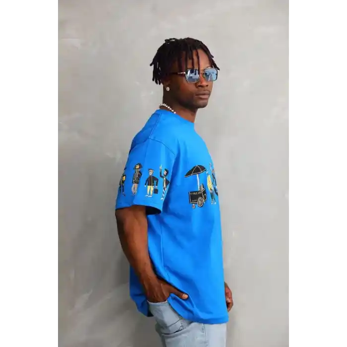 Unisex Bisiklet Yaka Baskılı Oversize T-Shirt - Mavi