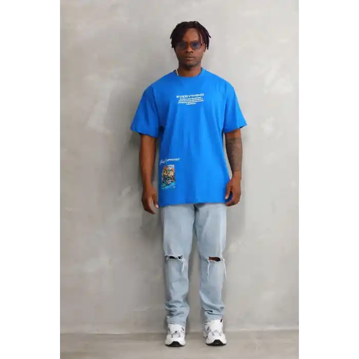 Unisex Bisiklet Yaka Baskılı Oversize T-Shirt - Mavi