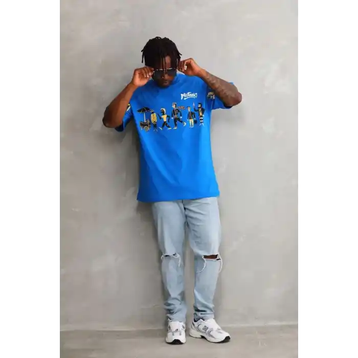 Unisex Bisiklet Yaka Baskılı Oversize T-Shirt - Mavi