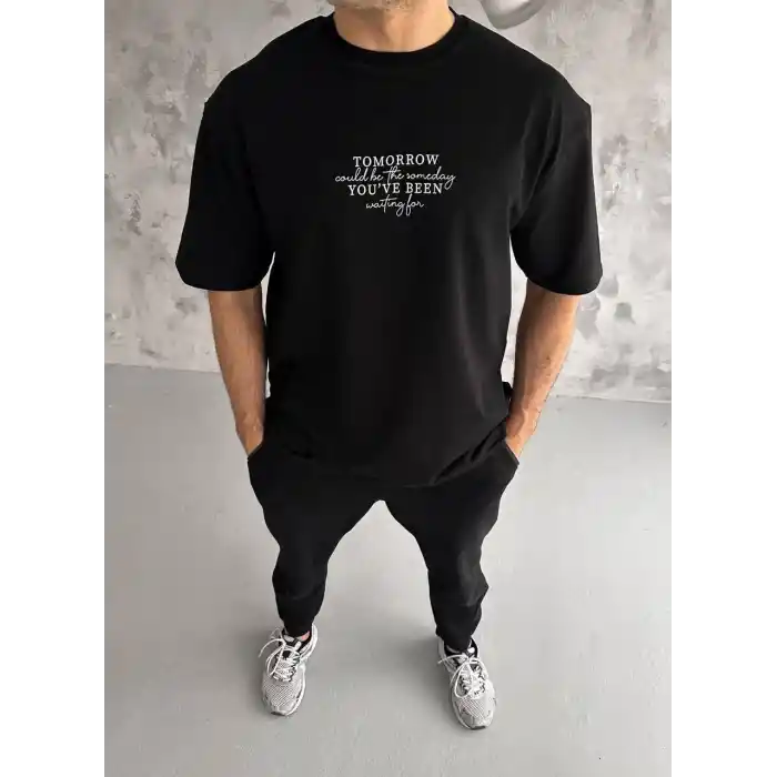 Unisex Bisiklet Yaka Baskılı Oversize T-Shirt - Siyah