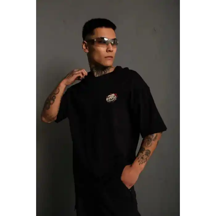 Unisex Bisiklet Yaka Baskılı Oversize T-Shirt - Siyah