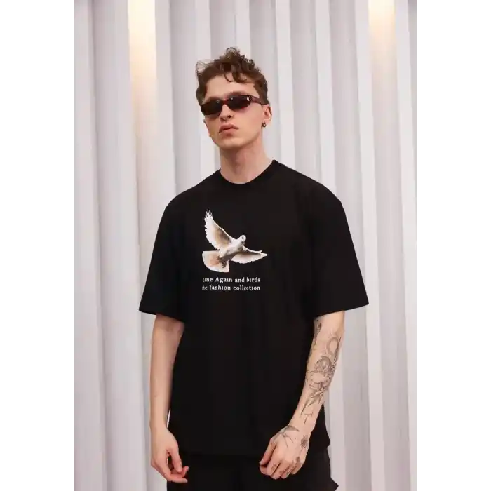 Unisex Bisiklet Yaka Baskılı Oversize T-Shirt - Siyah