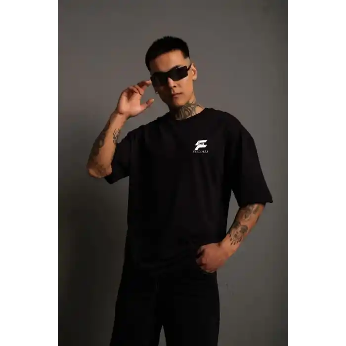 Unisex Bisiklet Yaka Baskılı Oversize T-Shirt - Siyah