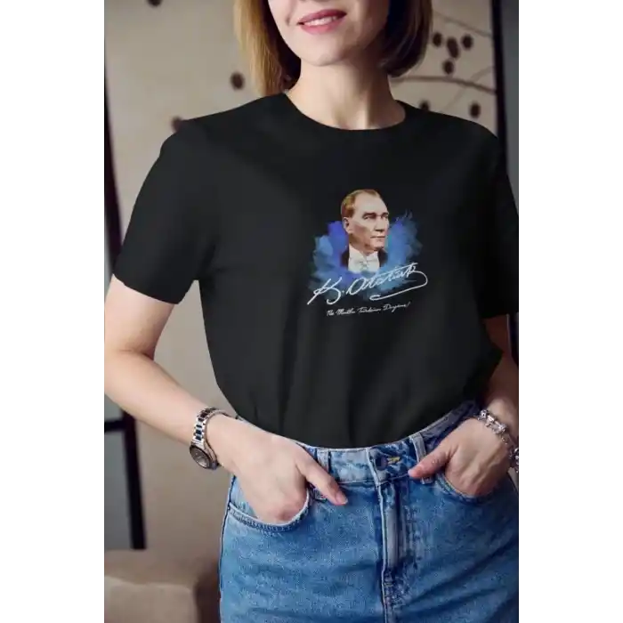 Unisex Bisiklet Yaka Baskılı Oversize T-Shirt - Siyah