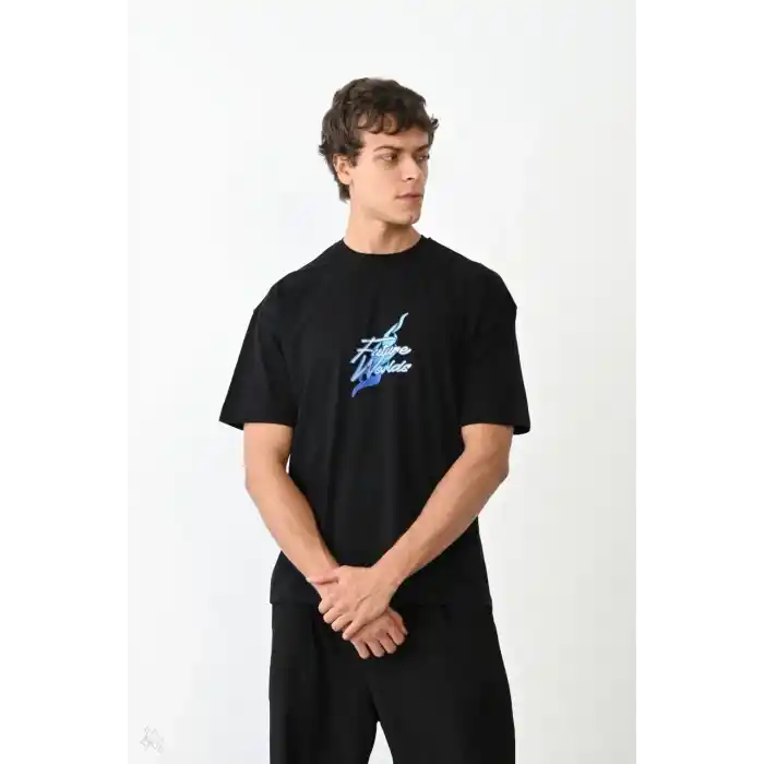 Unisex Bisiklet Yaka Baskılı Oversize T-Shirt - Siyah