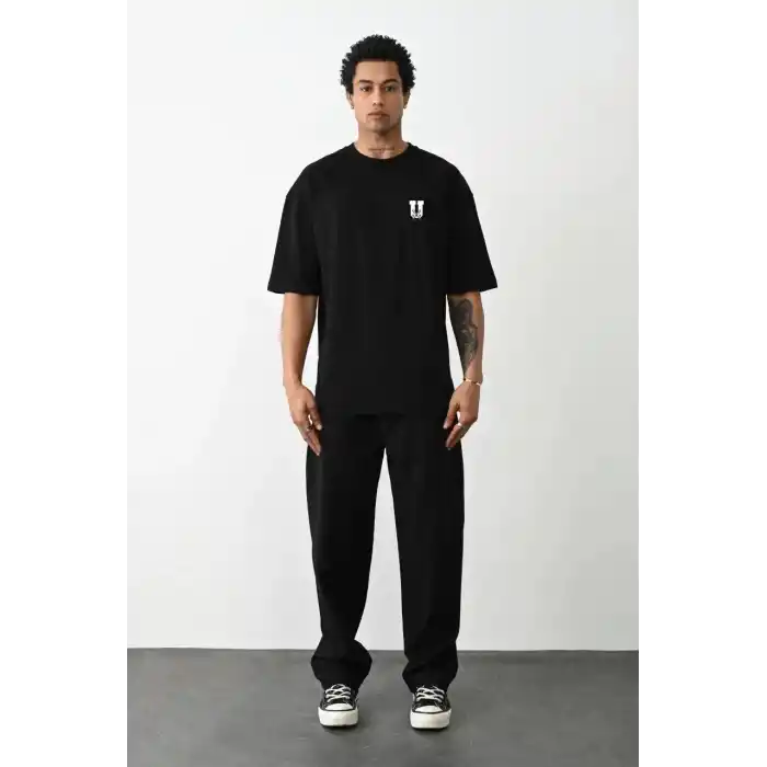 Unisex Bisiklet Yaka Baskılı Oversize T-Shirt - Siyah