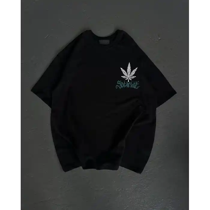 Unisex Bisiklet Yaka Baskılı Oversize T-Shirt - Siyah