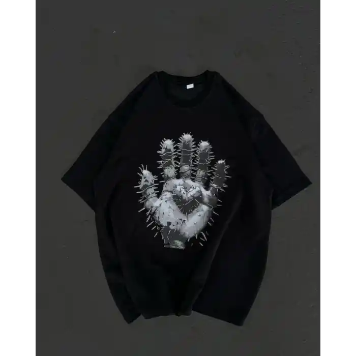 Unisex Bisiklet Yaka Baskılı Oversize T-Shirt - Siyah