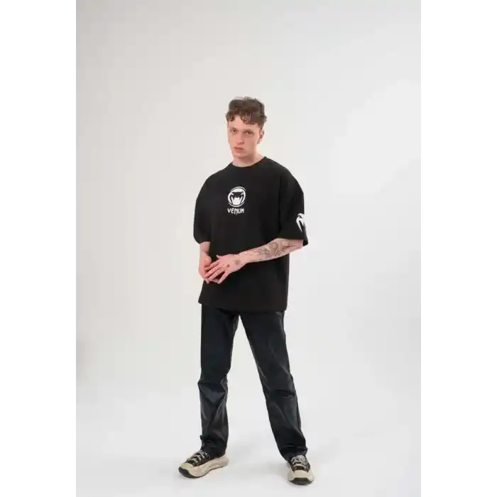 Unisex Bisiklet Yaka Baskılı Oversize T-Shirt - Siyah