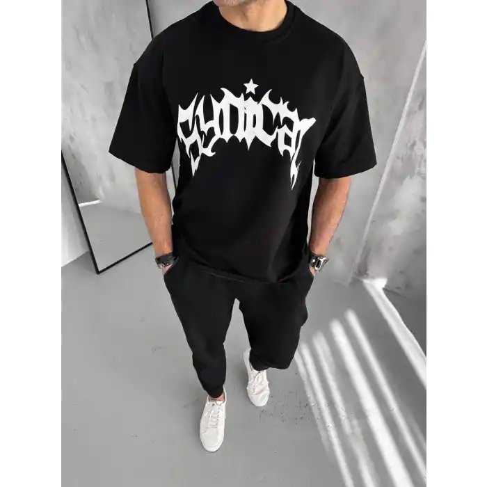 Unisex Bisiklet Yaka Baskılı Oversize T-Shirt - Siyah