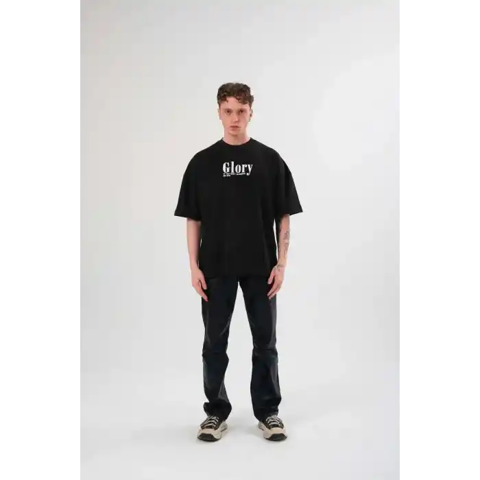 Unisex Bisiklet Yaka Baskılı Oversize T-Shirt - Siyah