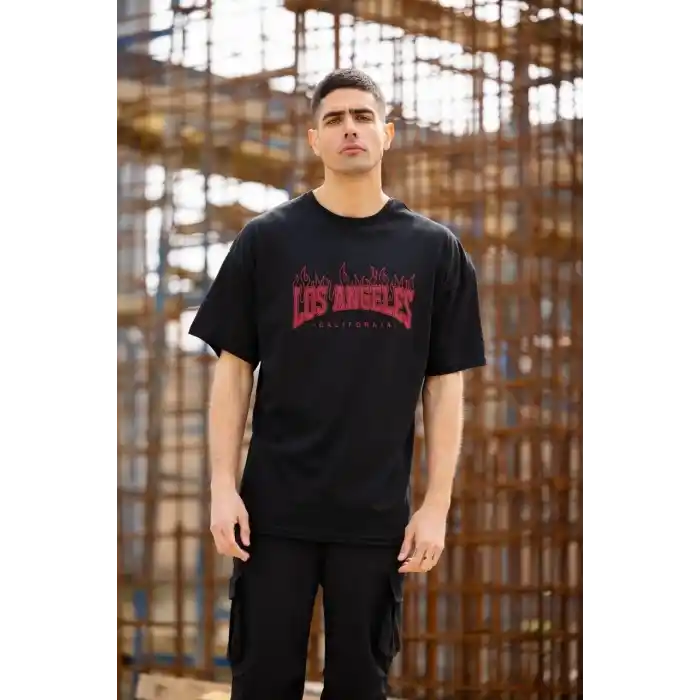 Unisex Bisiklet Yaka Baskılı Oversize T-Shirt - Siyah