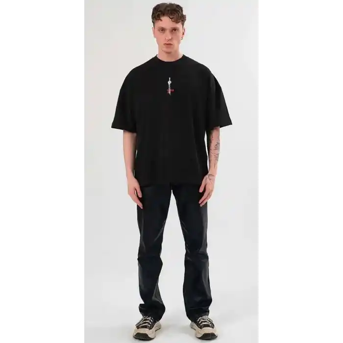 Unisex Bisiklet Yaka Baskılı Oversize T-Shirt - Siyah