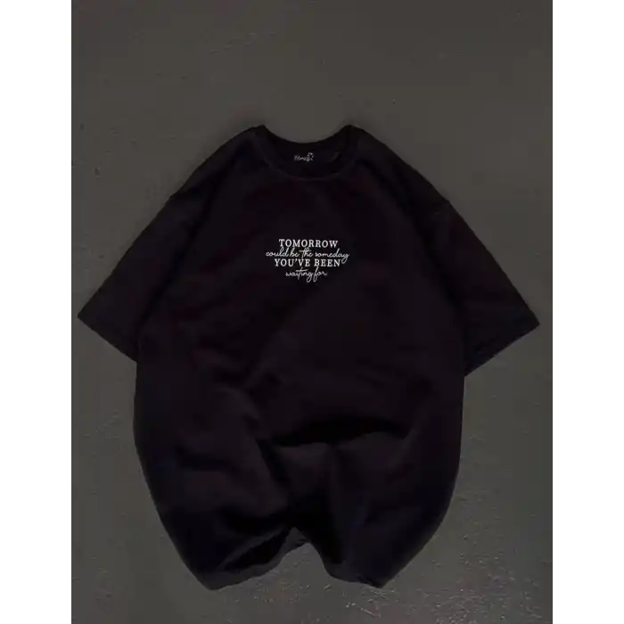 Unisex Bisiklet Yaka Baskılı Oversize T-Shirt - Siyah